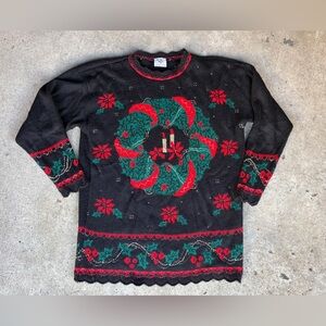 Vintage Christmas Sweater NUTCRACKER Wreath candles poinsettia Holiday Ugly sz L